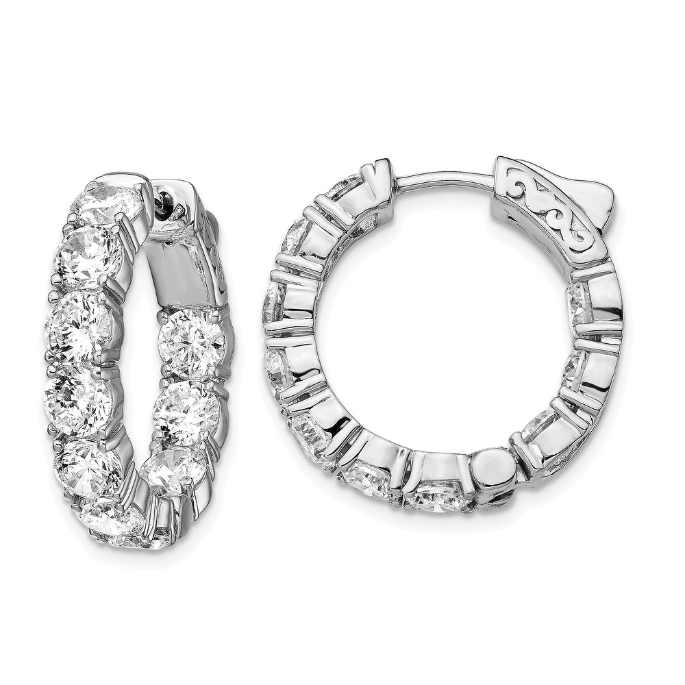 Sterling Silver CZ 60 Stones In and Out Round Hoop Earrings