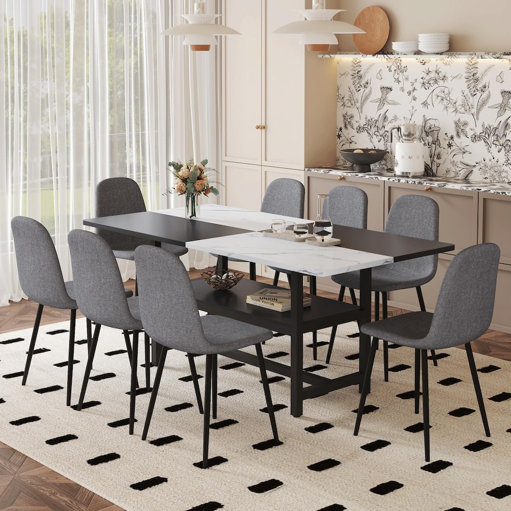 Dining Table with Storage, Scratch-Resistant MDF White & Black Top, Linen-Cotton Chairs, Iron Pipe Spraying Legs