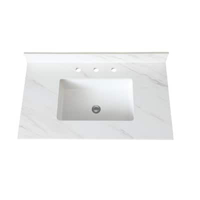 Durable 37-Inch Sintered Stone Vanity Top, Pre-Drilled Faucet Hole, and Carrara White Pattern - 37.01in L