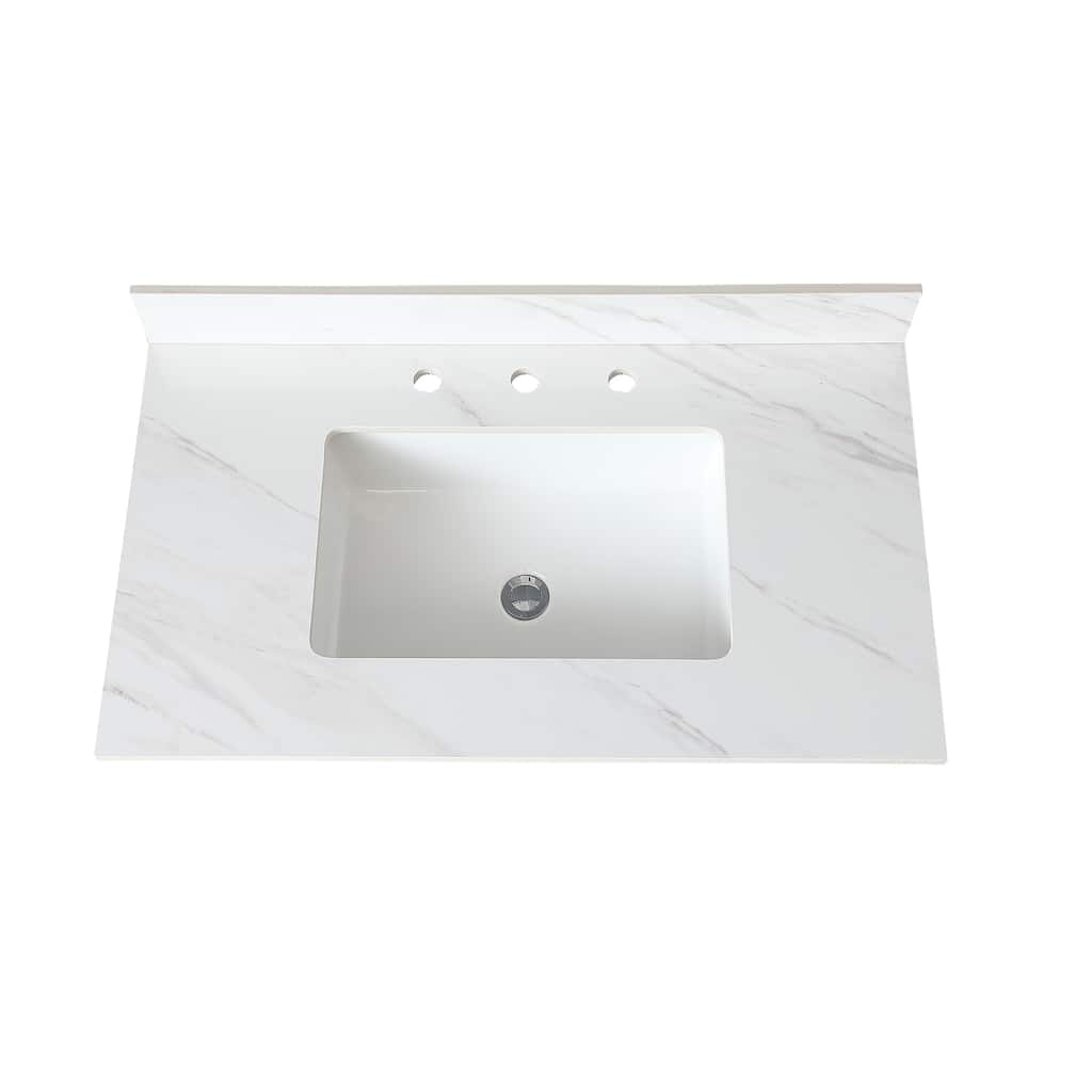 Durable 37-Inch Sintered Stone Vanity Top, Pre-Drilled Faucet Hole, and Carrara White Pattern - 37.01in L