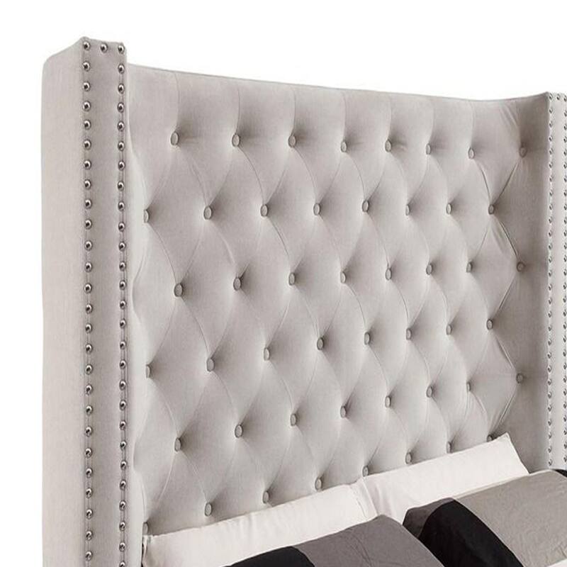 Rozy Queen Bed w Wingback Tall Headboard, Nailhead Trim, Ivory Upholstery