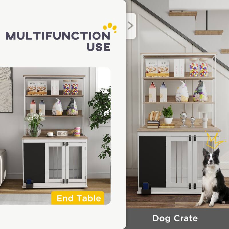 PawHut Furniture Dog Crate for Large Dogs, 39" Dog Kennel Furniture Side Table with Storage Shelf, Three Doors, White