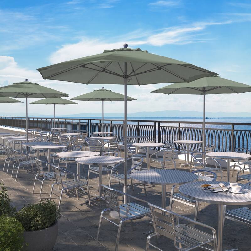 California Umbrella 9' Rd. Aluminum Frame, Fiberglass Rib Patio Umbrella, Push Open,Anodized Silver Finish, Sunbrella Fabric