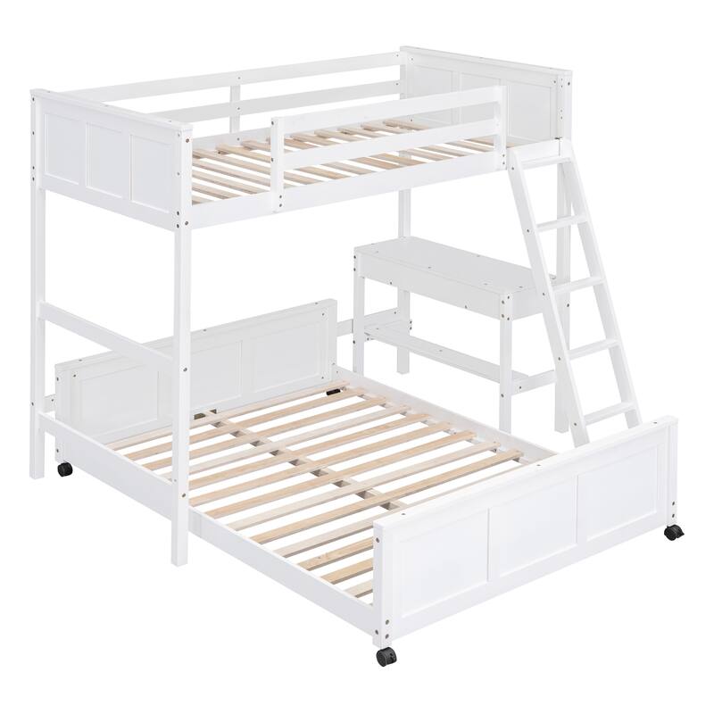 Twin/Full Over Full Bunk Bed with Desk and Storage, Pine Wood and MDF