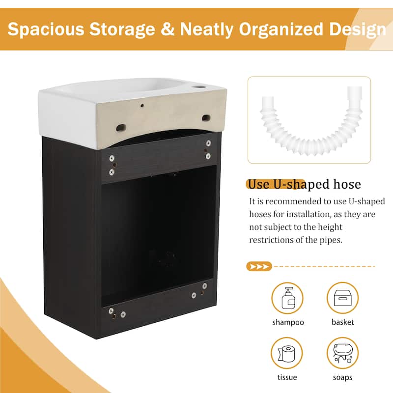 Malwee 16" Floating Bathroom Vanity, Mini Wall Mounted Bathroom Vanity with Ceramic Sink and Soft Close Door - 16"×11"×22"