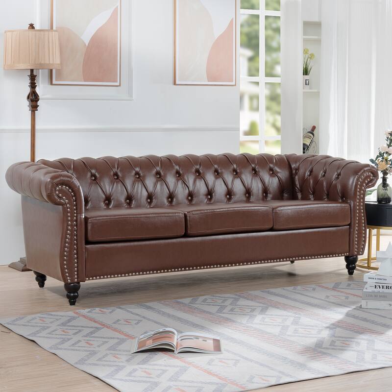 Dark Brown PU Chesterfield Three Seater Sofa with Wooden Legs