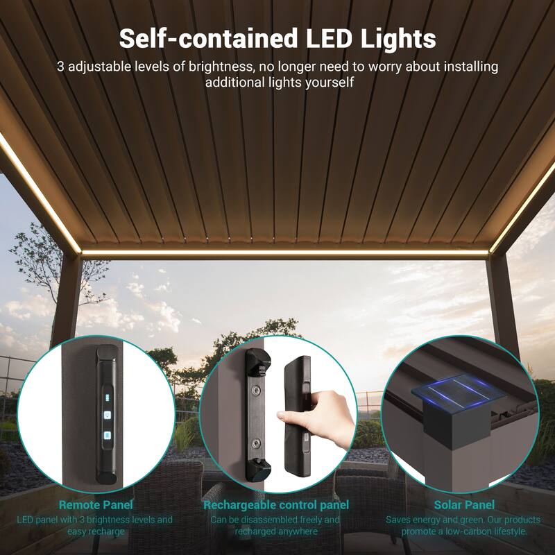 BONOSUKI Outdoor Aluminized Steel LED Louvered Pergola with Adjustable Roof, Brown