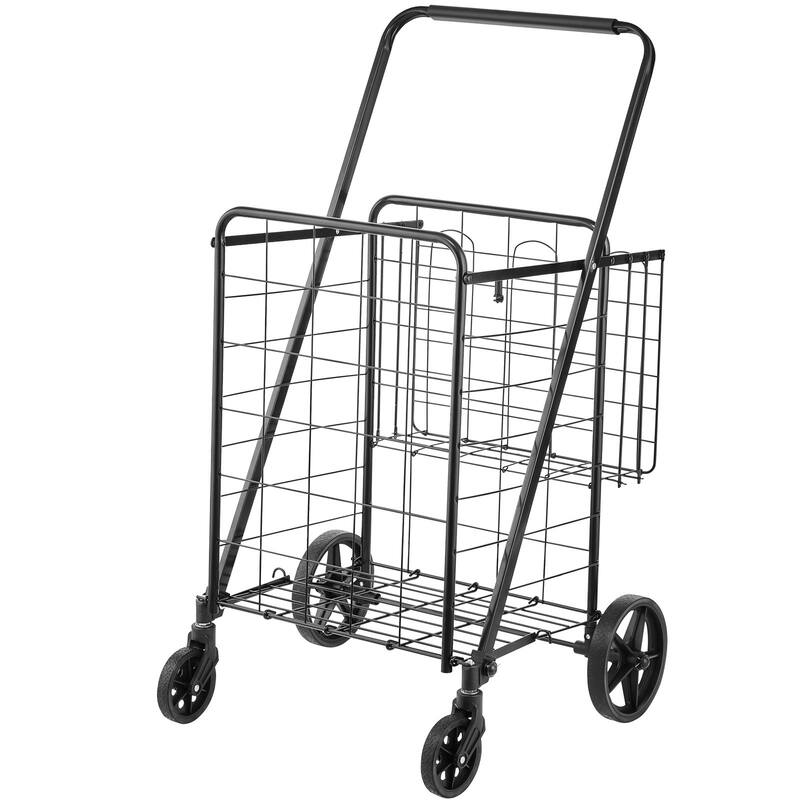 360 Swivel Wheels Folding Shopping Cart with Double Baskets - Natural