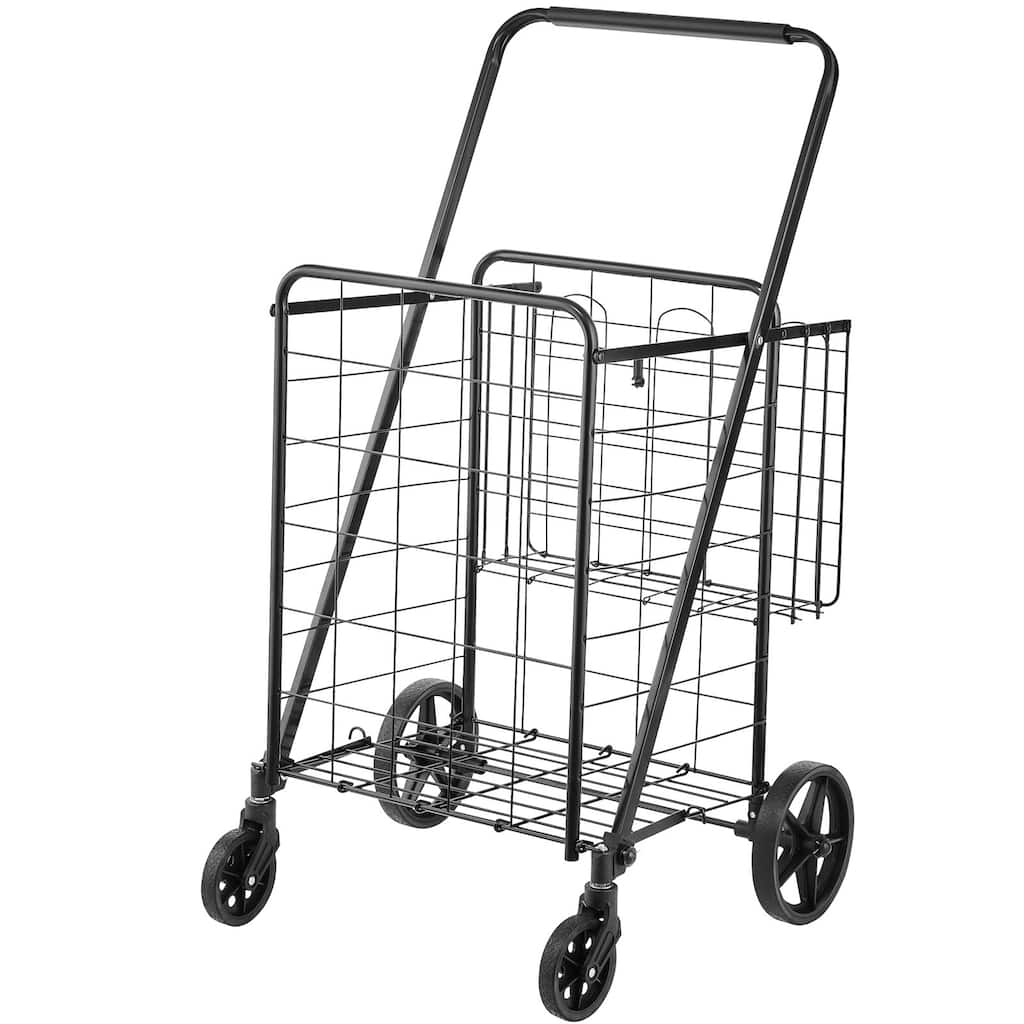 360 Swivel Wheels Folding Shopping Cart with Double Baskets