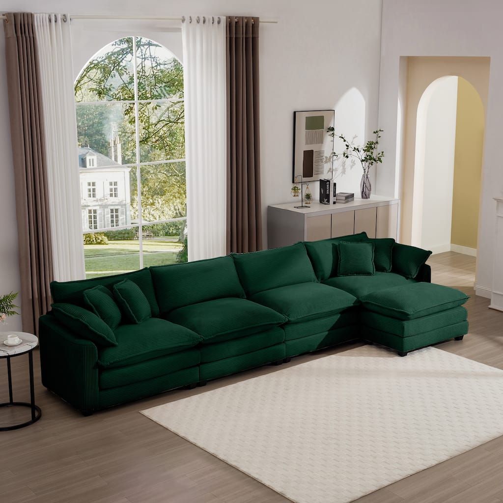 Green 150" Corduroy Modular L-Shaped Sectional Sofa with Ottoman