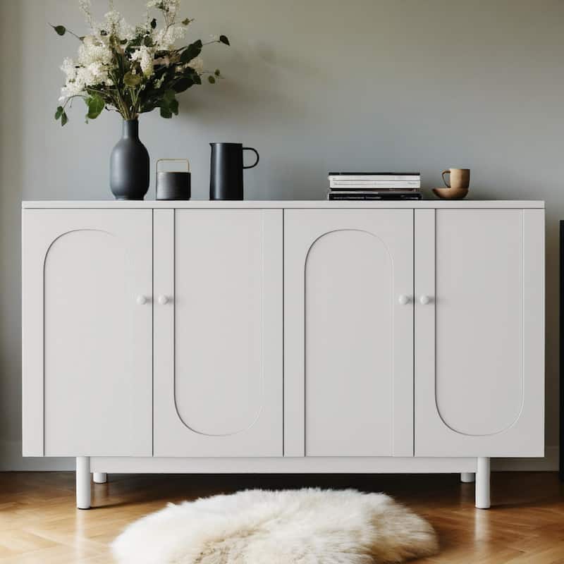 Modern 4 Door Intaglio Storage Cabinet with Adjustable Shelf, Stylish and Accent Cabinet with Pine Legs, Buffet Sideboard