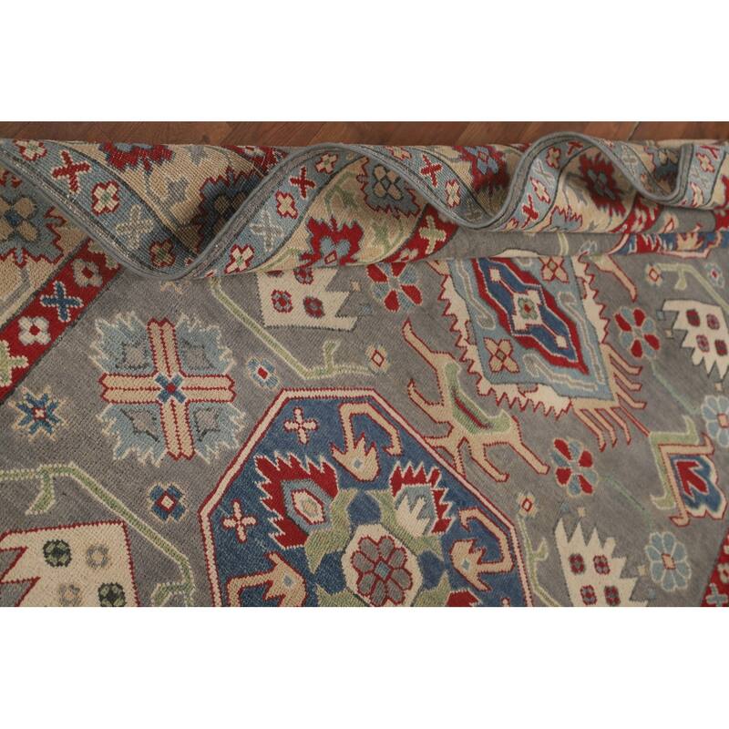 Gray Geometric Kazak Area Rug Handmade Oriental Wool Carpet - 4'11" x 7'0"