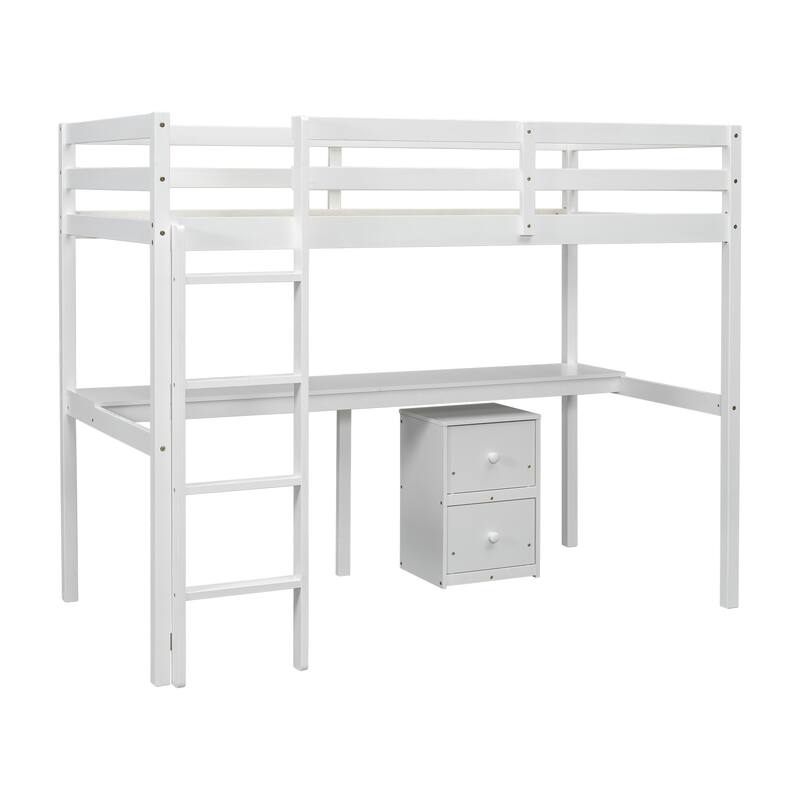 Twin Size Wooden Loft Bed with Desk, 2-Drawer Storage Cabinet, Guardrails, and Wide Ladder