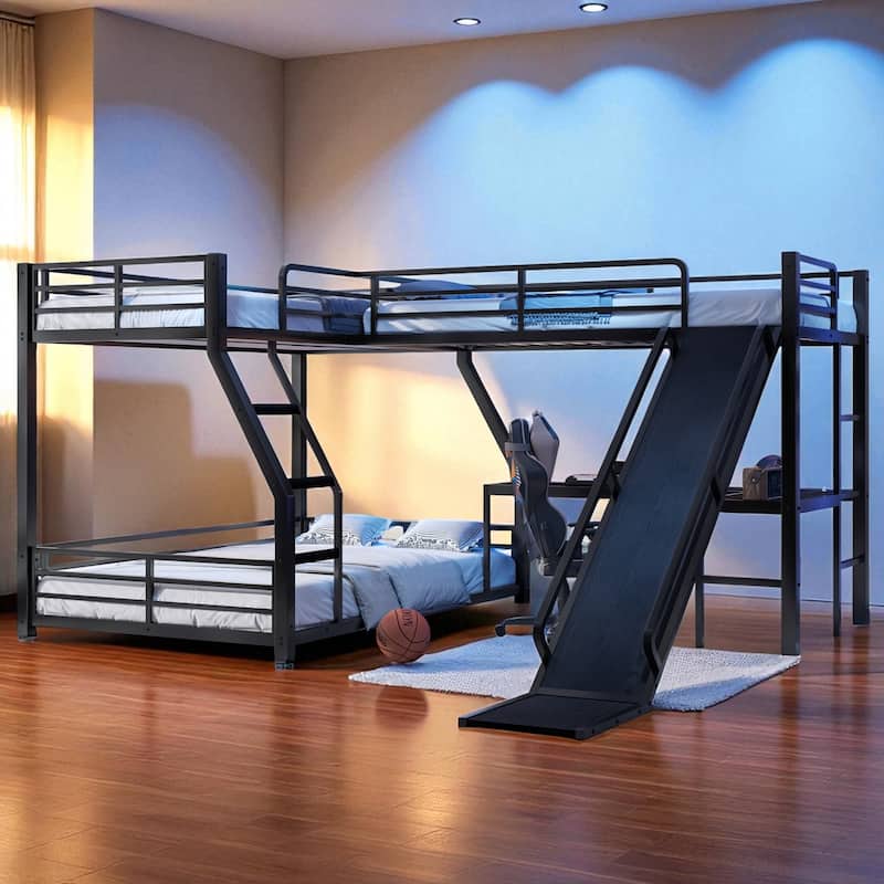 L-Shaped Metal Triple Bunk Bed with Slide & USB, Twin XL over Queen/Twin over Full with Loft, Noise-Free, Black