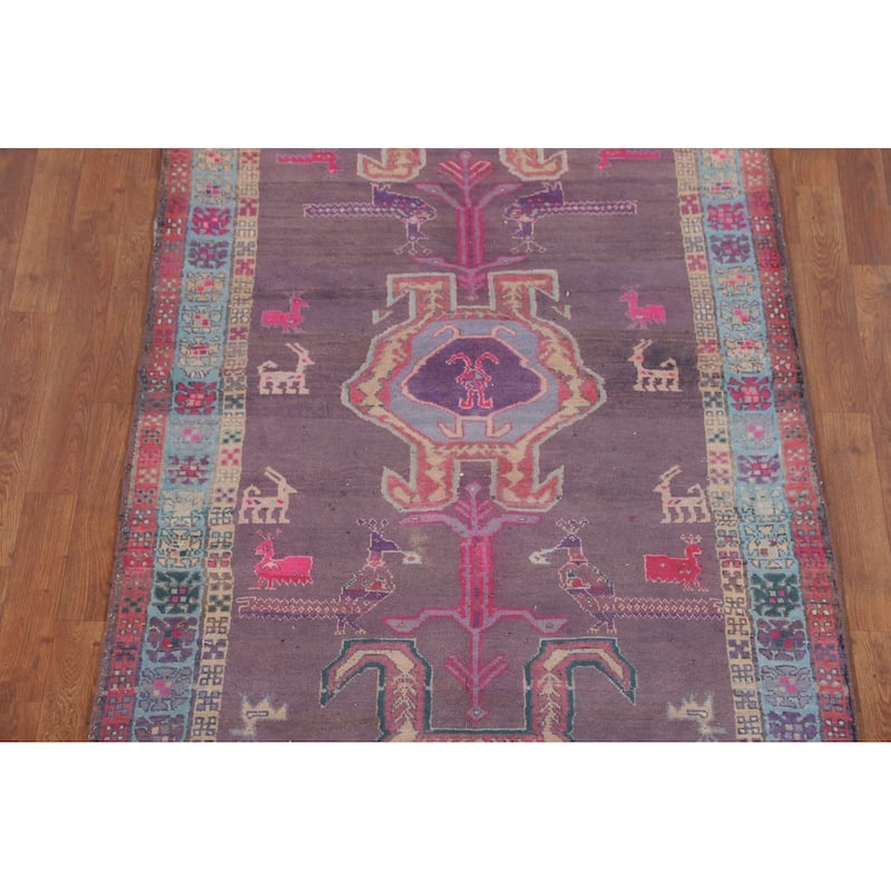 Purple Tribal Ardebil Persian Vintage Runner Rug Handmade Wool Carpet - 3'10" x 9'7"