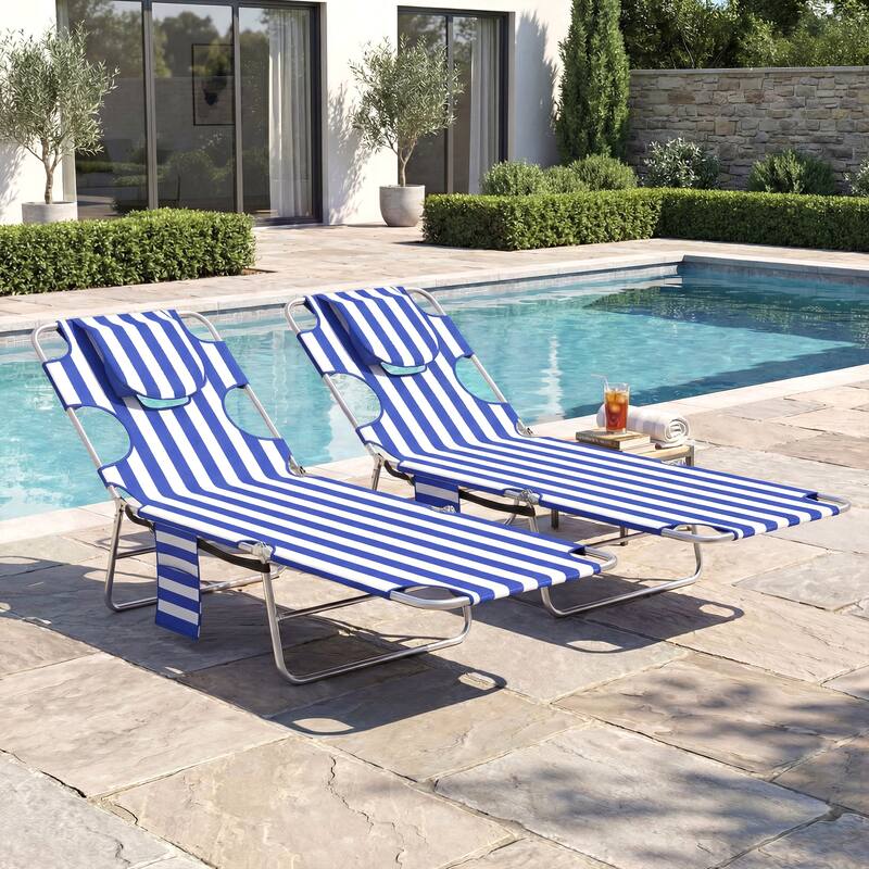 Outsunny Chaise Lounge Chair Outdoor Set of 2 with Face Arm Hole, 5-Position Reclining Face Down Tanning Chair with Carry Strap