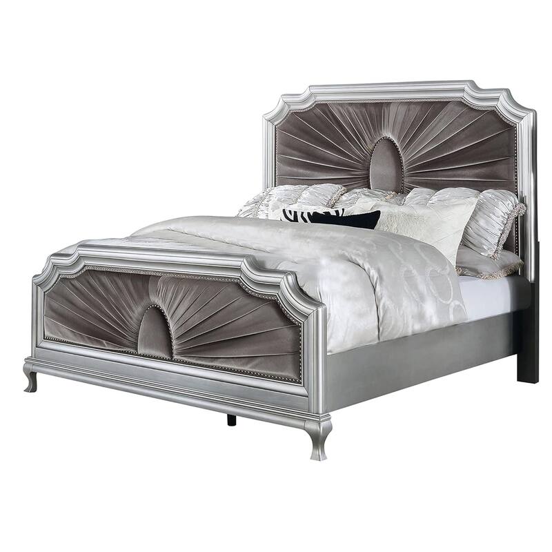 Xan King Bed, Silver Wood, Gray Pleated Velvet Upholstery