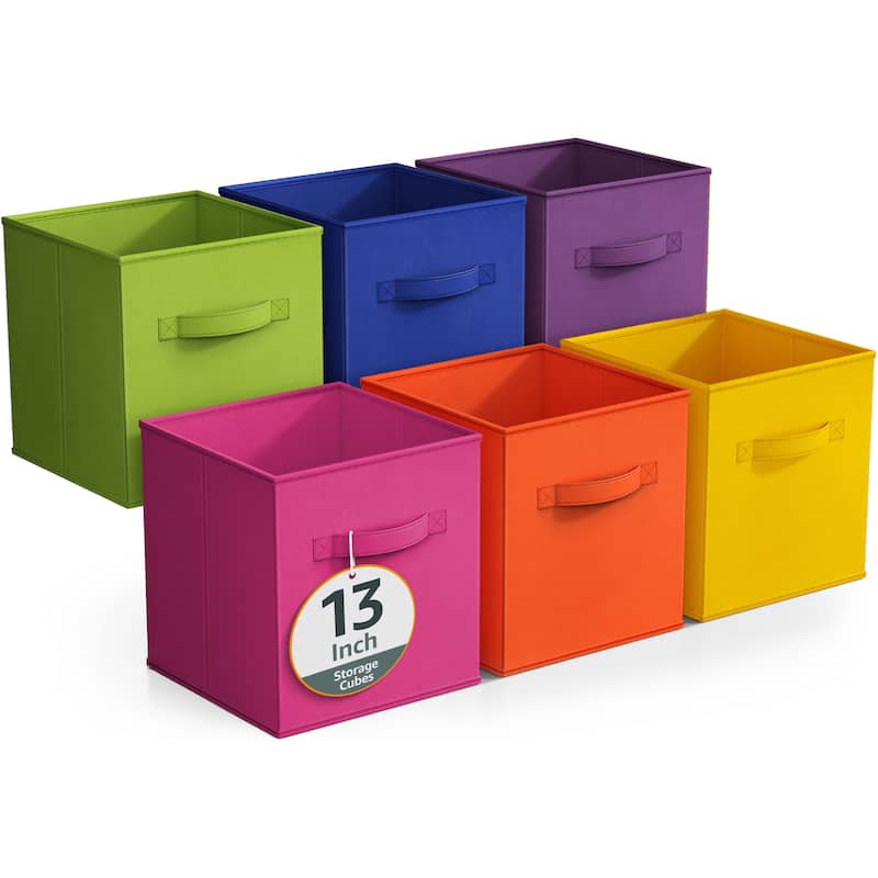 Sorbus Fabric Storage Bins 13" Foldable Cubes With Handles For Pantry, Cubbies, Toy And Closet Shelving Organization - 6Pk - Bright Rainbow