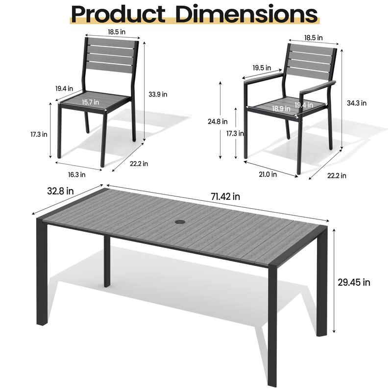 Set of 7 Outdoor Patio Dining Set WoodLike Table Top Aluminum Rectangular Umbrella Hole Table with Stackable Chairs Set