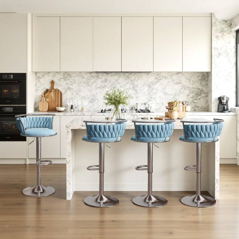 Velvet Upholstered Adjustable Bar Stool Swivel Counter Chair Set of 2 - Blue/Silver - Set of 4