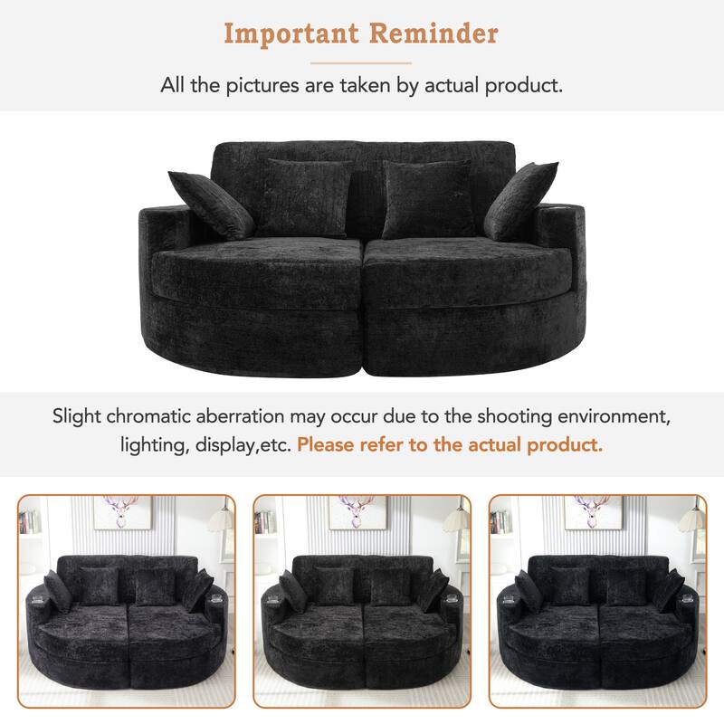 Curved Chaise Lounge Sofa for Living Room, Upholstered Sleeper Sofa Bed Boneless Couch with Cup Holders