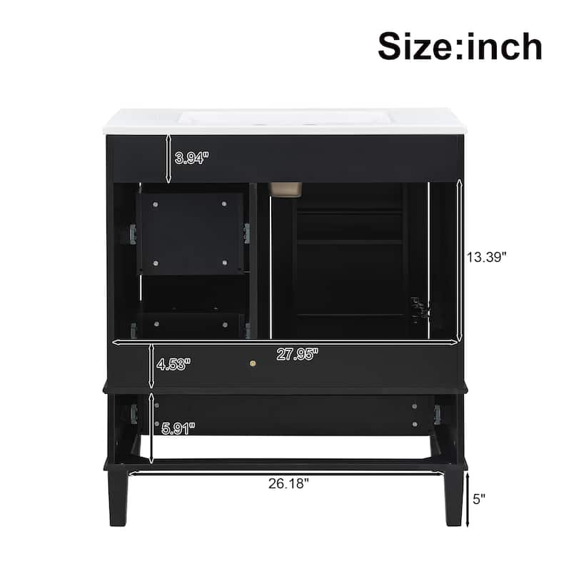 30" Modern Bathroom Vanity with Ceramic Sink, Solid Wood Frame, 1 Door & 3 Soft-Close Drawers, Freestanding