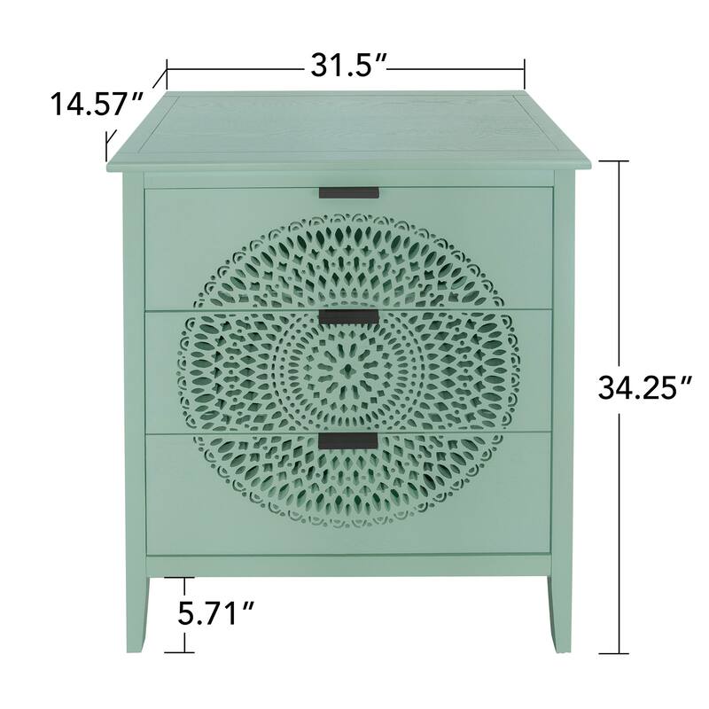 Roomfitters 3 Drawer Storage Cabinet, Hollow Carved Accent Dresser with Metal Handles, Green