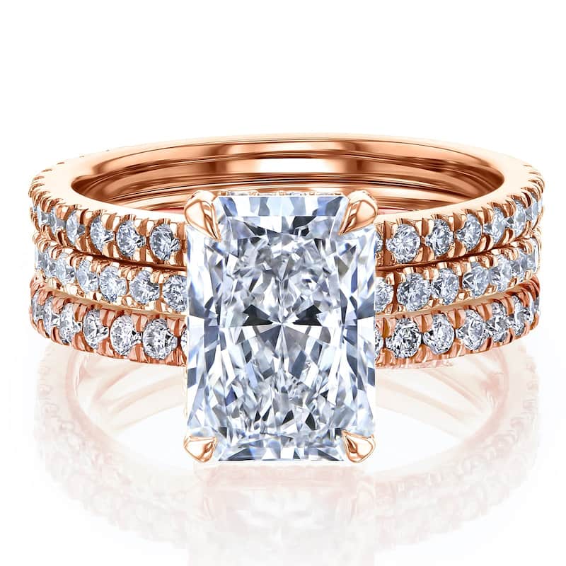 Kobelli Signature Collection 4.3 Carats Radiant Lab Grown Diamond Certified Hidden Halo Elongated Riri 3pc Bridal Set - 11 - Rose