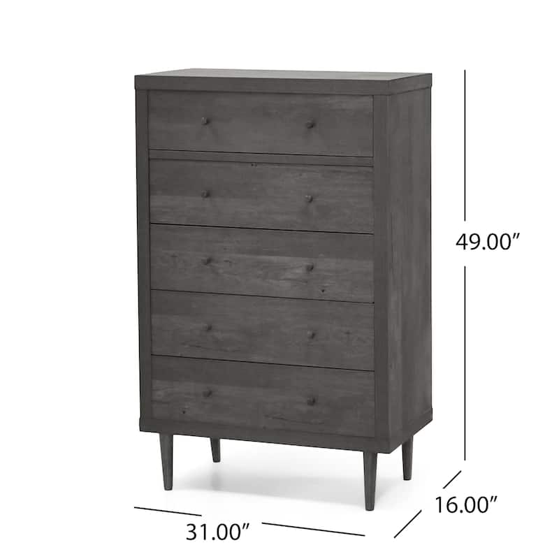 Minie Tall Dresser Chest, 5 Drawers, Rubberwood Legs, Modern Gray