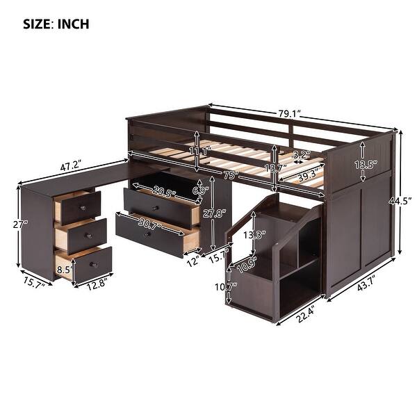 Espresso Low Study Twin Size Loft Bed with Storage Steps and Portable, Desk