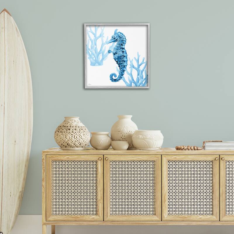 Stupell Blue Tone Seahorse & Coral Framed Giclee Art Design By Cat Thurman Designs