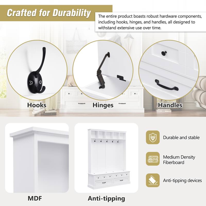59 in Hall Tree with Lift-Top Bench, 5 Hooks, 2 Drawers, Entryway Coat & Shoe Organizer, 74 in H