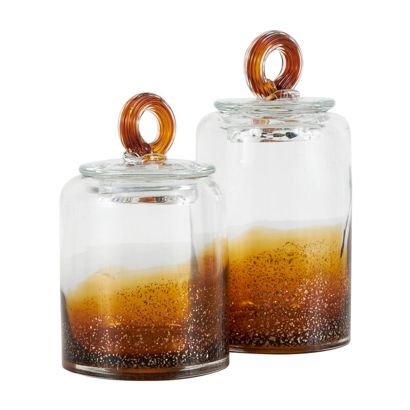 Brown or Blue Glass Handmade Decorative Jars with Gold Flake Details and Ring Lids (Set of 2)
