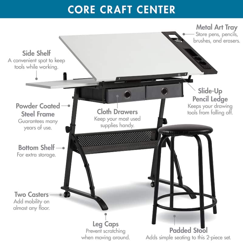Core Craft Center, 2 piece Drawing, Drafting and Craft Table with Stool, Gunmetal-Gray/White