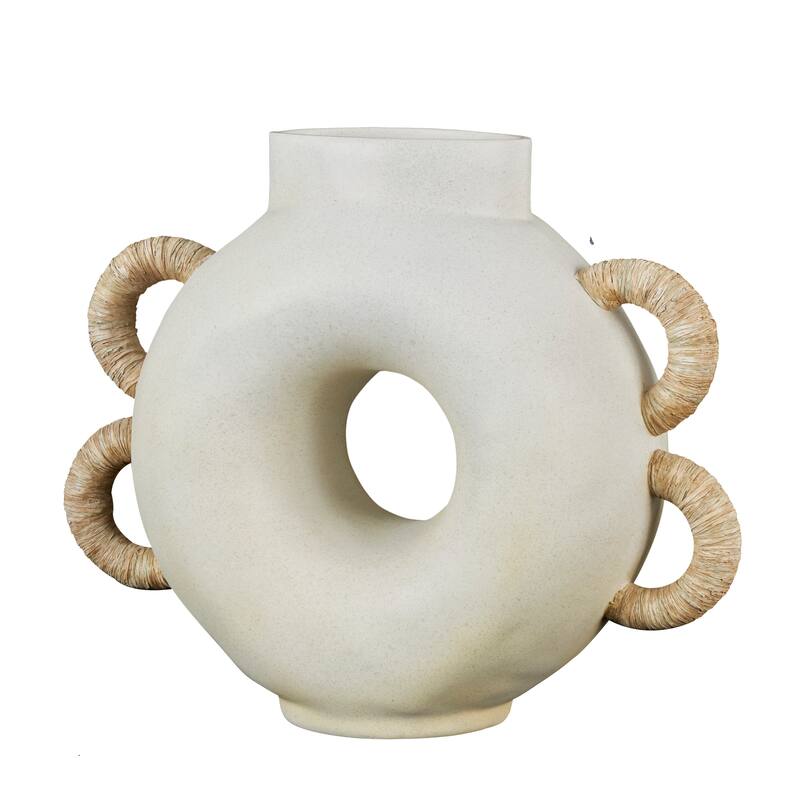 Cream Resin Round Speckled Vase with Woven Inspired Arched Handles and Cutout Opening