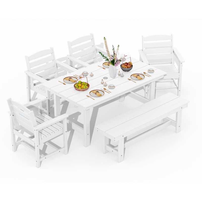 6-Piece HDPE Outdoor Dining Table Sets with Umbrella Hole - 1-Table 4-Chairs-1-Bench