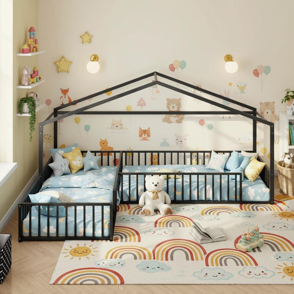 Double Twin Size L-Shaped Montessori Metal House Bed by
