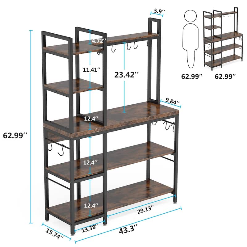 43 inch Kitchen Bakers Rack with Microwave Stand 5-Tier Kitchen Utility Storage Shelf Rack and10 Hooks for Kitchen Living Room