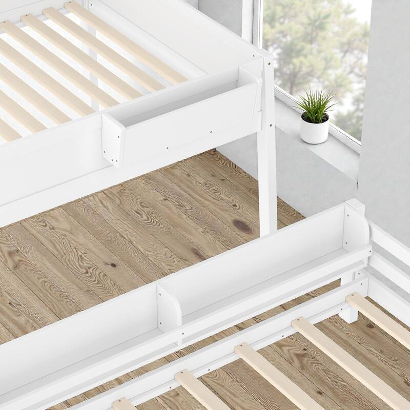 Wooden Bunk Bed Frame with Built-In Storage Shelves, Convertible to Two Beds, No Box Spring Needed