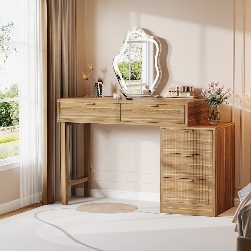Modern Wood Makeup Vanity Desk Table with 5 Storage Drawers