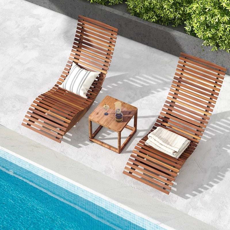 Gymax Set of 2 Acacia Wood Patio Chaise Lounge Chair Outdoor Rocking