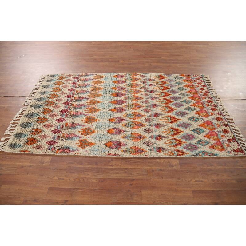 Hand Knotted Oriental 100% Wool Carpet Modern All-Over Beige & Ivories Moroccan Runner Rug - 6' 6'' X 3' 3''