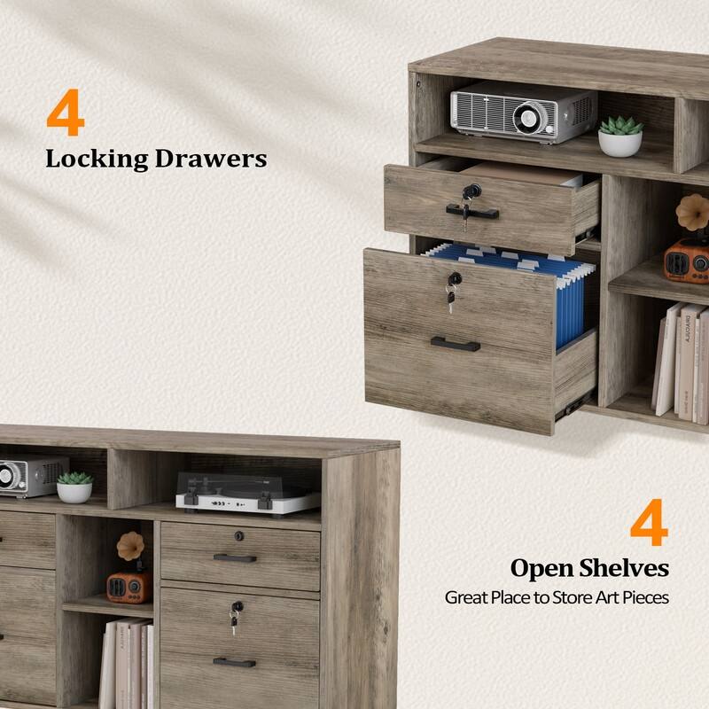 File Cabinet 4 Drawer Wood Mobile Lockable Rolling with Shelves