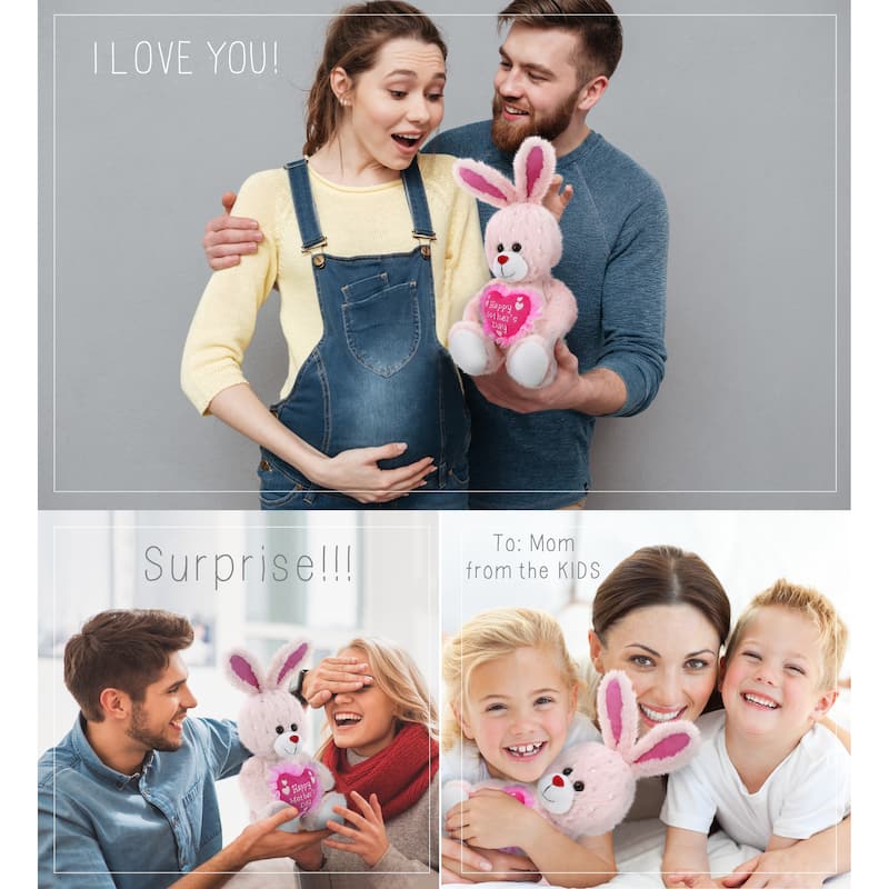 DolliBu Happy Mother’s Day Soft Plush Rose Gold Bunny with Pink Heart - 8 inches