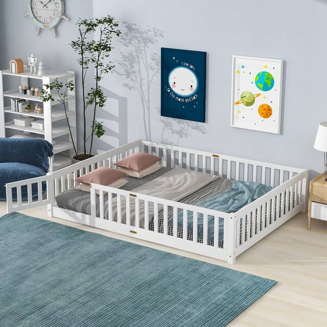 Twin/Full/Queen size Floor Platform Bed with Fence and Door for Kids, Toddlers - White - Queen