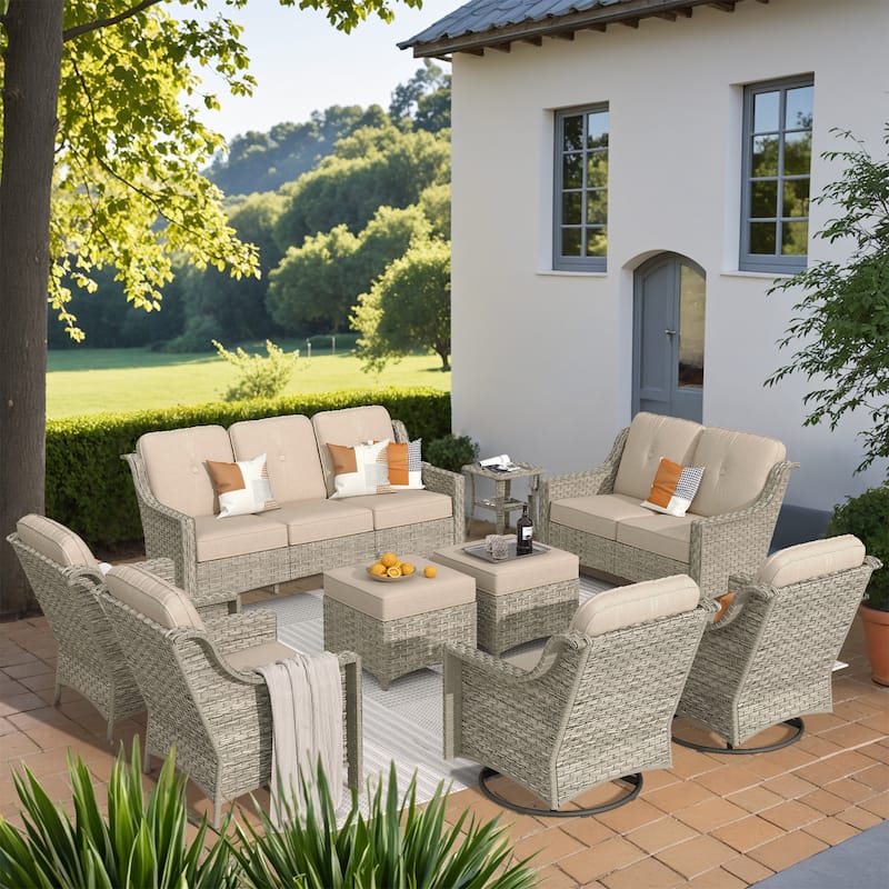 XIZZI 9-piece Outdoor Patio Furniture Conversation Set with Swivel Chair - Beige