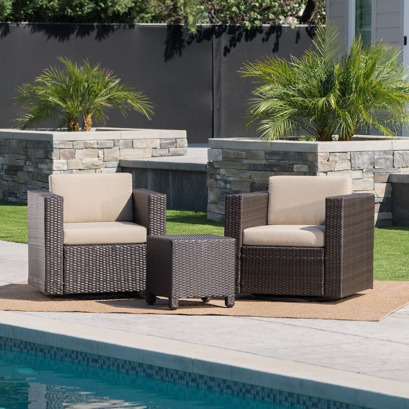 Puerta Outdoor Wicker 3-piece Swivel Chat Set with Cushions by Christopher Knight Home