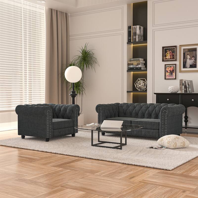 Morden Fort Button Tufted Upholstered Chesterfield Sofa Set Chair, Loveseat 2 PCS for Living Room,Linen,Solid Wood Legs