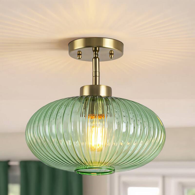 1 - Light Modern Glass Flush Mount Ceiling Light - Green/Gold - 1 Light