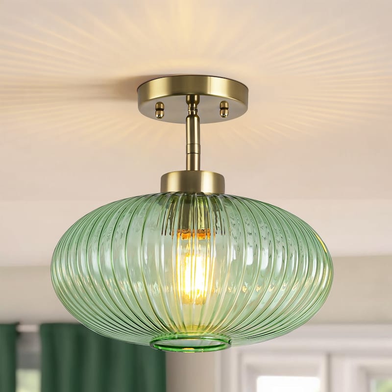 1-Light Vintage Brass Glass Semi Flush Mount Ceiling Light for Entryway